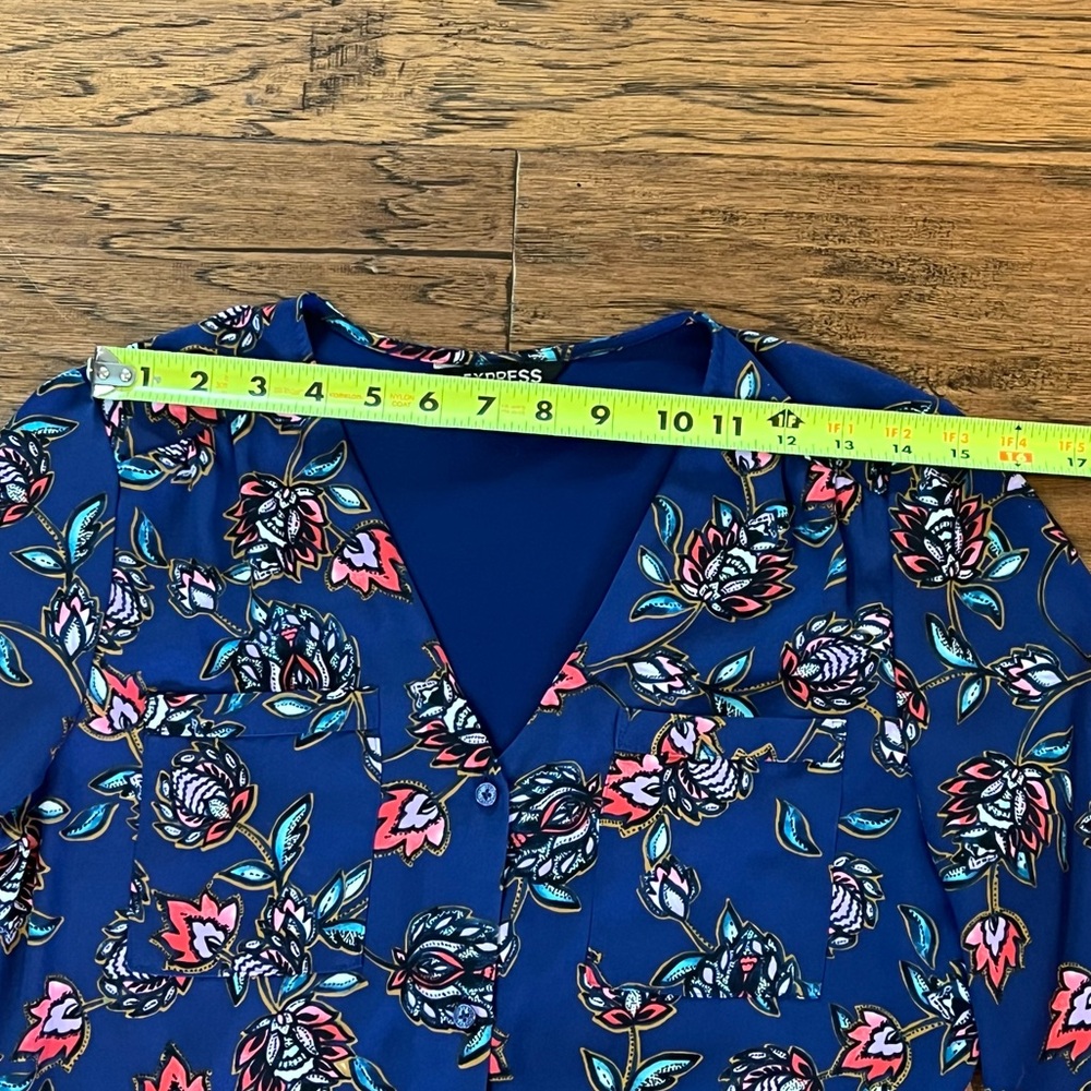 Express Maxi Dress Women's Small Blue Floral Long Roll Tab Sleeves Button Front - Picture 13 of 16